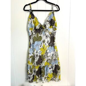Tempo Paris Y2K‎ Floral Mini Dress L Ruffle Hem Boho 90s babydoll vacation bows
